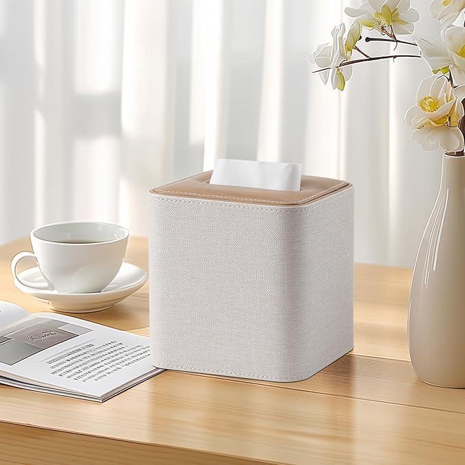 Cretkhp Square Linen Tissue Box Cover with Magnetic Closure, Modern PU Leather Tissue Box Holder for Bathroom Vanity Countertop Night Stands Bedroom Office Desk, Stylish Cube Tissue Holder (Linen) - ModernBath