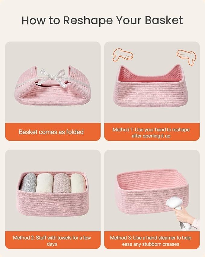 Small Woven Basket, 12 x 8 x 4.5 Inches, Storage Basket for Organizing, Cute Small Rope Shelf Closet Cube Storage Bins Baskets for Shelves, Dog Toy Gift Baskets Empty, 3 Pack Light Pink - ModernBath