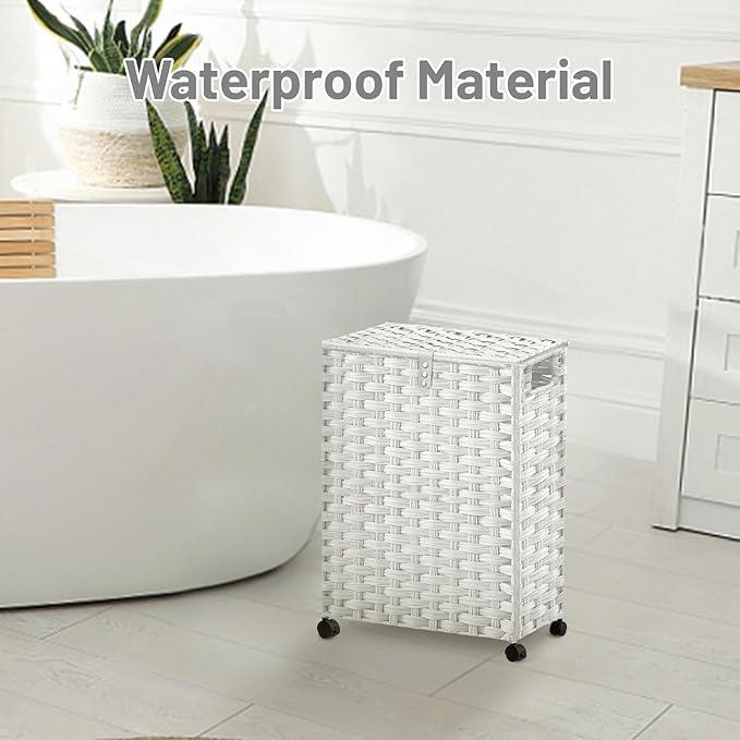 Hiagnete Toilet Paper Storage Basket with Lid and Wheels, Rattan Toilet Paper Holder Storage, Toilet Paper Organizer for Bathroom, Bedroom, Kitchen, 12.6”L x 7.1”W x 17.14”H, White - ModernBath