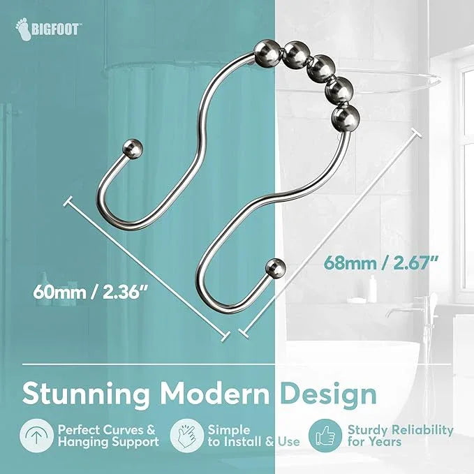 BigFoot Shower Curtain Hooks, Stainless Steel, Rust Resistant, Easy Installation & Smooth Glide, Fits Standard Shower Rods, 2 Hook Rings Hold Liners & Curtains, 12 Pieces, Nickel Color - ModernBath