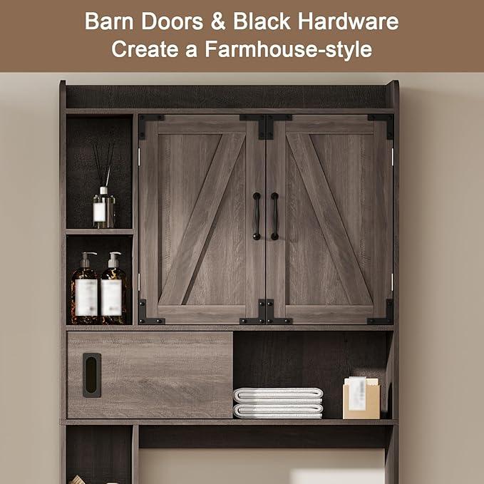 ChooChoo Over The Toilet Storage Cabinet, Farmhouse Bathroom Storage Cabinet with Sliding Door, Over Toilet Storage with Adjustable Shelves, Space-Saving, Grey - ModernBath