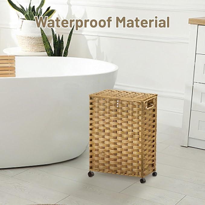 Hiagnete Toilet Paper Storage Basket with Lid and Wheels, Rattan Toilet Paper Holder Storage, Toilet Paper Organizer for Bathroom, Bedroom, Kitchen, 12.6”L x 7.1”W x 17.14”H, Naturall - ModernBath