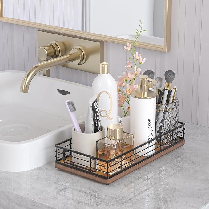 JNFUZ Acacia Toilet Paper Basket, 13 Inch Tank Tray Top of Toiletries Storage Organizer for Bathroom, Living Room and Kitchen (Acacia & Black) - ModernBath