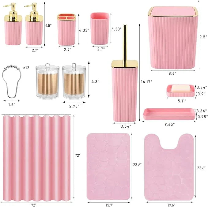 XLHOMO Pink Bathroom Set with Shower Curtain and Rugs- 25PC Bathroom Accessory Set, Pink Shower Curtain Set, Toilet Brush, Trash Can, Qtip Holder Dispenser & Soap Dispenser - ModernBath