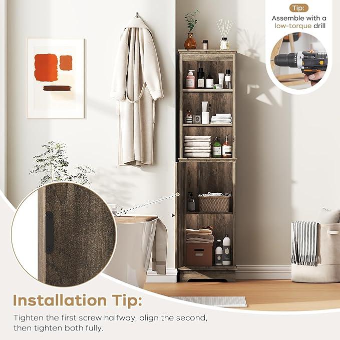 Narrow Bathroom Storage Cabinet with Door and Open Adjustable Shelves, 60.9" H Wooden Tall Tower Corner Farmhouse Cabinet, Freestanding Organizer for Kitchen, Entryway Grey - ModernBath