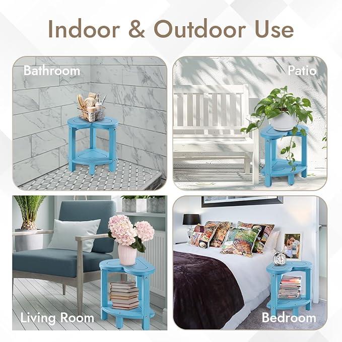 UHA Corner Shower Stool for Shaving Legs， HDPE Waterproof Bathroom Shower Bench, Poly Lumber Corner Seat with Storage Shelf, Adjustable Height Non-Slip Feet, No Maintenance(Pacific Blue) - ModernBath
