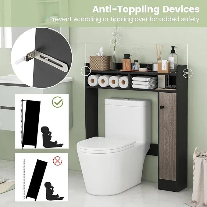 Giantex Over The Toilet Storage Cabinet, Freestanding Bathroom Organizer w/Single Door Cabinet & Open Shelves, Space-Saving Toilet Rack w/Adjustable Shelves for Laundry Room (Black+Oak) - ModernBath