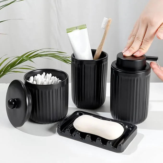 BosilunLife Ceramic Bathroom Accessories Set - Bathroom Counter Soap Set Black Bathroom Decor Sets Accessories Bathroom Lotion Soap Dispenser and Toothbrush Holder Set, Soap Dish, Apothecary Jars - ModernBath