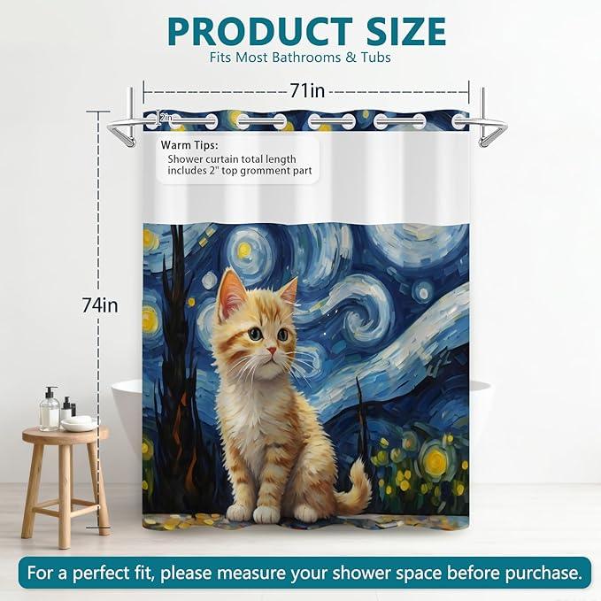 Starry Night Cat Cute Shower Curtain, No Hook Cat Shower Curtain with Weighted Snap in Liner, Waterproof Shower Curtains for Bathroom, Translucent Top Window Design, Gifts for Cat Lovers, 71x74 Inches - ModernBath