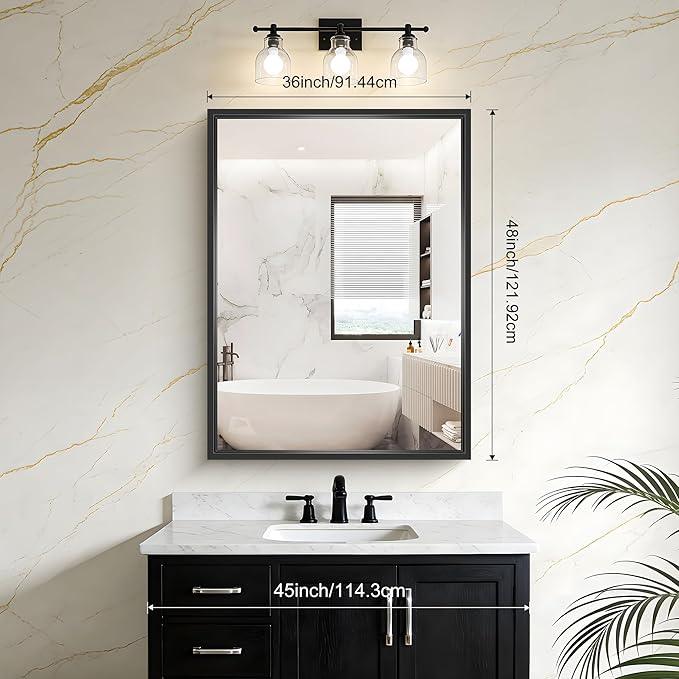 CIVENO Black Bathroom Mirror, 36x48 Inch Large Rectangle Mirror, 0.6" Thickened Deep Frame Mirrors for Wall Over Sink, Brushed, Shatterproof Tempered Glass, Antirust, Horizontally or Vertically - ModernBath