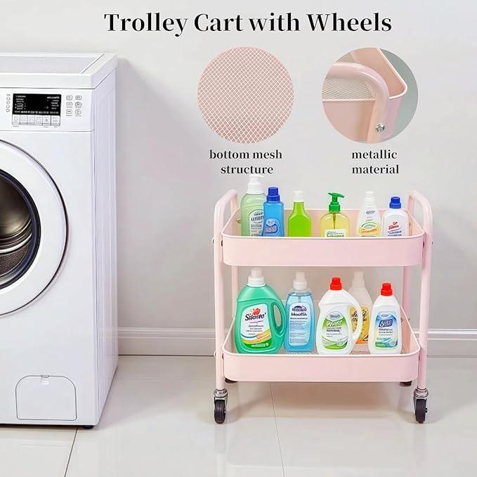 2 Tier Pink Rolling Cart with Wheels for Under Desk Storage, Large Capacity Rolling Pantry & Kitchen Storage Cart for Small Space, Sturdy Metal Bathroom Shelf Laundry Room Organization - ModernBath