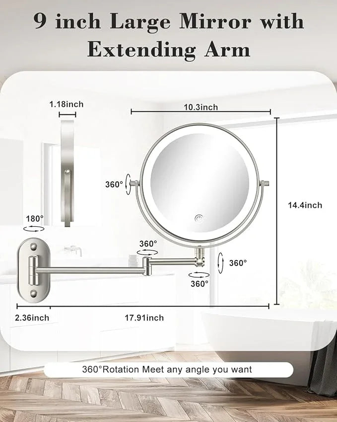 vpu 9" Wall Mounted Makeup Mirror with Light, 20X/1X Height Adjustable Double Sided Magnifying Bathroom Lighted Mirror, 3 Color Touch Dimmable Extended Arm 360 Rotation Light up Magnification Mirrors - ModernBath