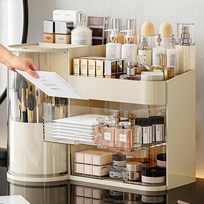 Makeup Organizer with Rotating Brush Holder Cosmetic Organizer with Drawers Countertop Skincare Organizer for Vanity,Cosmetic Display Case Storage (Cream, Large) - ModernBath