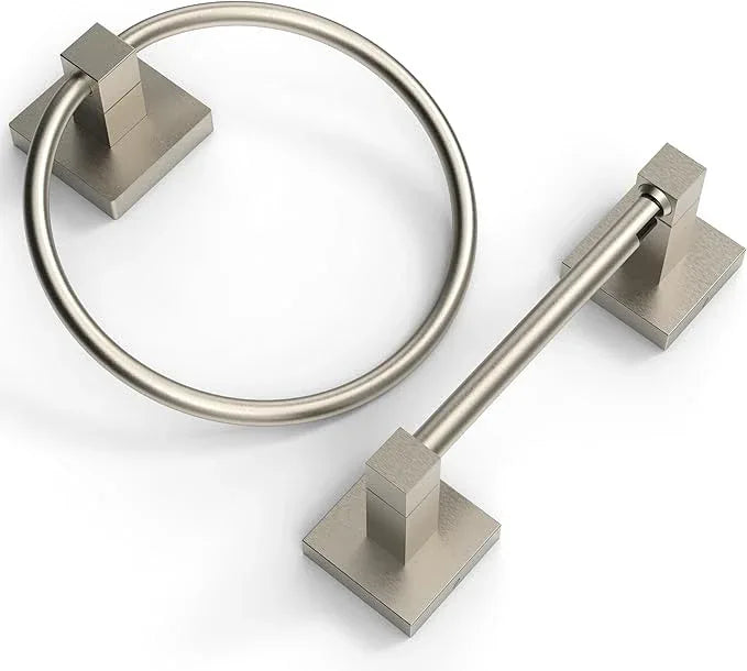 Ruacq Brushed Nickel Toilet Paper Holder Towel Ring Bathroom Accessories Hardware Set Double Post Pivoting Toilet Roll Holder Square Stainless Steel and Zinc Alloy Modern Wall Mounted 2 Pieces - ModernBath