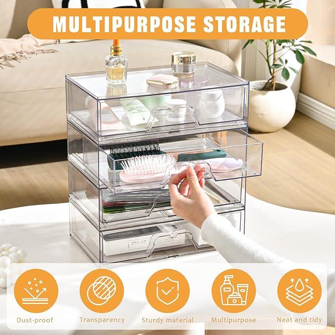 2 Pack Stackable Makeup Organizer, 12.1''L Acrylic Bathroom Organizer and Storage Undersink Drawer, Cosmetics and Beauty Supplies,Clear Plastic Storage Bins for Desk,Cabinet,Kitchen,Vanity,Pantry - ModernBath