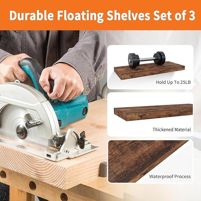 Floating Shelves for Wall Set of 3, 16" Rustic Brown Floating Shelves, Home Decor, Frame Display Wall Shelf for Bedroom, Kitchen, Bathroom, Living Room - ModernBath