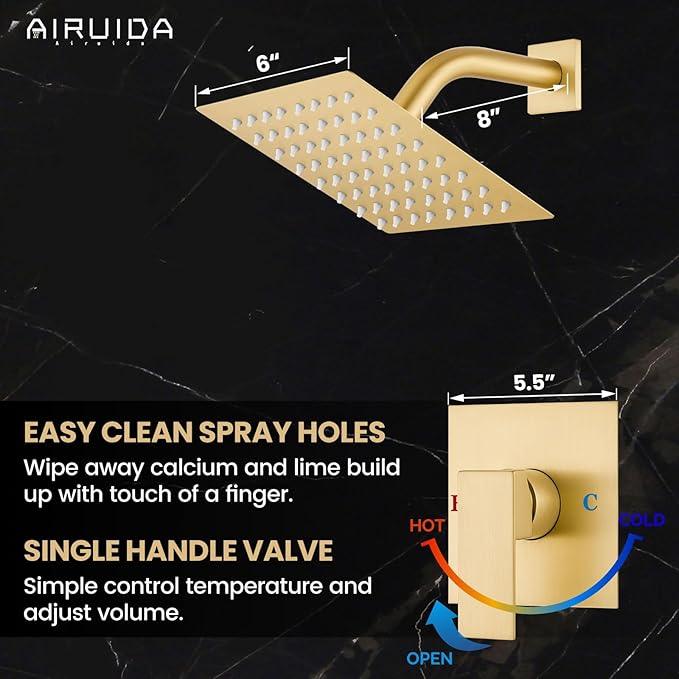 Airuida Shower Faucet Set Bathroom Rain Shower System SUS304 Stainless Steel Single Handle With Male Threads Rough-in Valve Shower Trim Kit 6 Inch Wall Mount Shower Head Brushed Gold - ModernBath