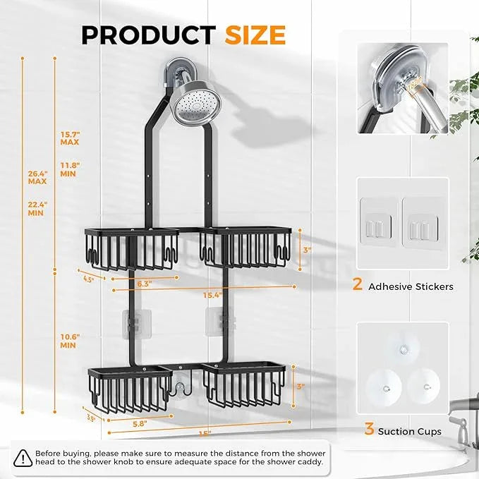REINHARDT Aluminum Shower Caddy Hanging Adjustable Shower Caddy, Rustproof Hanging Shower Organizer with Hooks Soap Holders, Over Shower Head Caddy for Handheld Showerhead, Black - ModernBath