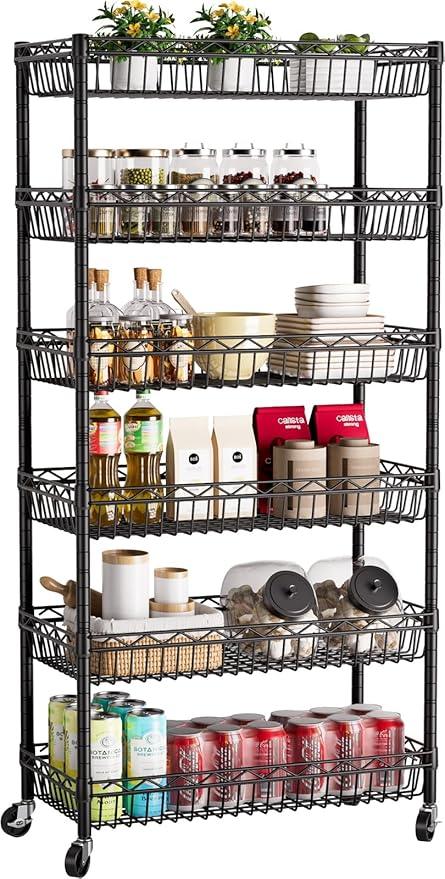 6 Shelves Storage Shelf Wire Closet Bathroom Organizers Metal Pantry Kitchen Garage Shelving Unit Laundry Room Organization Home Rack Net Basket Black with Wheels 30" Dx14 Wx65 H - ModernBath