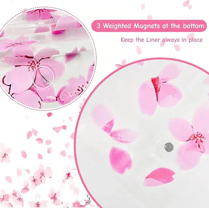 Clear Pink Floral Shower Curtain Liner, Cute Plastic Transparent Cherry Blossom Shower Curtain, Girly Flower Petals Spring Shower Curtains for Bathroom, 72x72 Shower Curtain Set with Magnets 12 Hooks - ModernBath