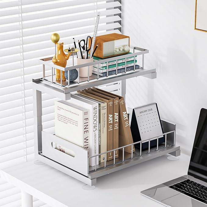 2 Pack Under Sink Organizer, Heavy Duty Meta Slide Out Sink Shelf Organizer Height Adjustable, Multi-Purpose Storage Shelf for Kitchen Bathroom (Silver,2Pack) - ModernBath