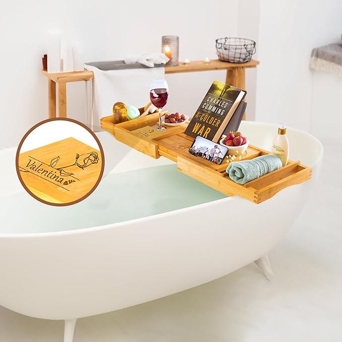 Personalized Bathtub Tray - Engraved Foldable Bamboo Bath Caddy, Tub Tray with Expandable Sides, Luxury Wooden Bath Table for Relaxation Spa - Customized Gift for Mom, Wife, New Home - ModernBath