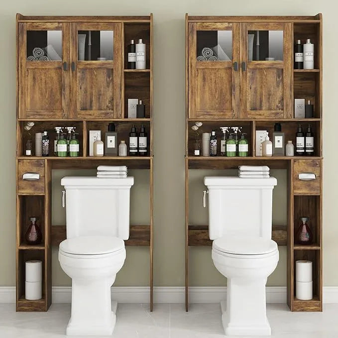 Vabches Over The Toilet Storage Cabinet, Bathroom Shelf Over Toilet with Glass Doors and Adjustable Shelves, Brown Freestanding Home Space Save Toilet Rack, for Restroom, Bathroom, Laundry - ModernBath