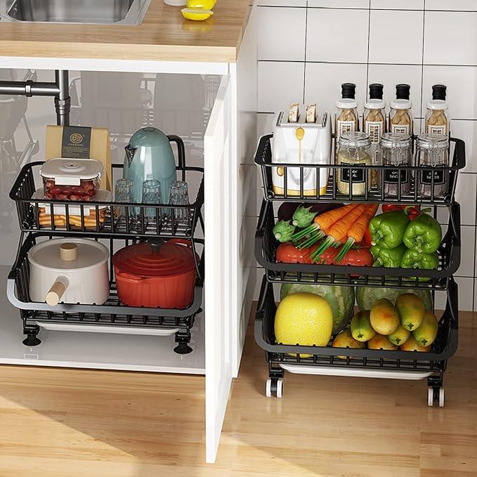 Metal Wire Baskets with Wheels, Stackable Storage Bins Kitchen Organizer Shelf 3-4-5-6 Tier Fruit Vegetable Cart Dishes Seasonal Rack Shelves for Garage, Pantry, Bathroom and Produce holder - ModernBath