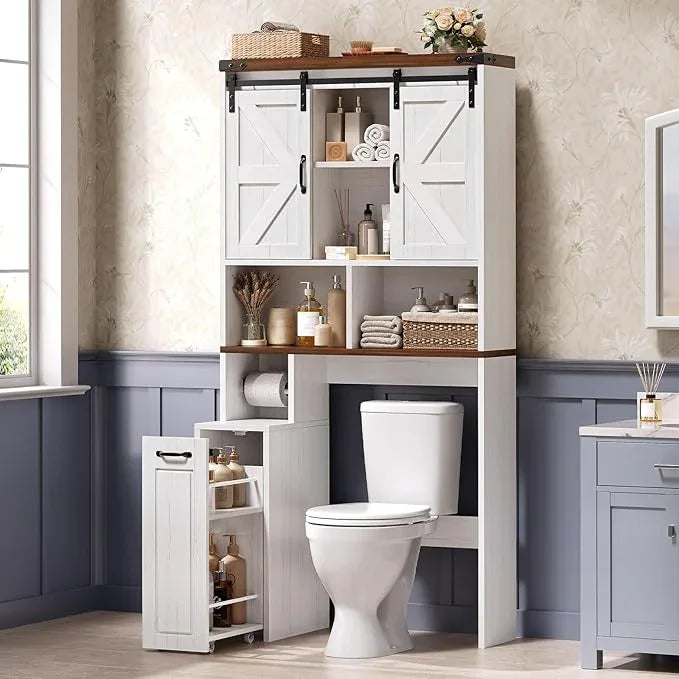 Farmhouse Over The Toilet Storage Cabinet with Pulley, Slide Barn Doors Bathroom Storage Cabinet, Space Saver W/Adjustable Shelf & Open Shelf for Bathroom, Restroom, Laundry (White Brown-Type A) - ModernBath