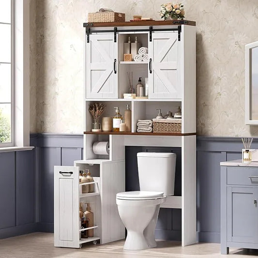 Farmhouse Over The Toilet Storage Cabinet with Pulley, Slide Barn Doors Bathroom Storage Cabinet, Space Saver W/Adjustable Shelf & Open Shelf for Bathroom, Restroom, Laundry (White Brown-Type A) - ModernBath
