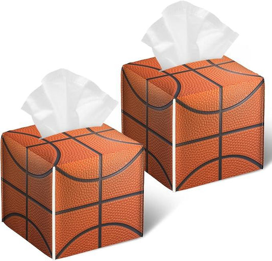 Basketball Tissue Box Cover 2PCS, Sport Ball Leather Tissue Box Holder Square Facial Paper Case Tissue Box Cube Organizer for Bathroom Bedroom Desk Office - ModernBath