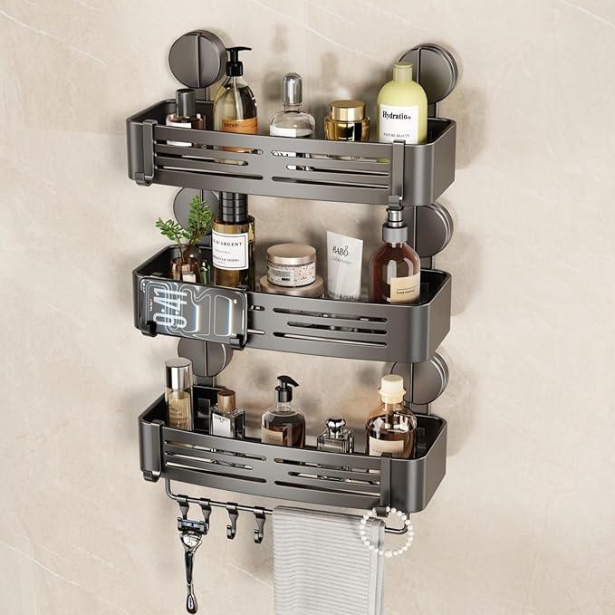 VOLPONE Shower Caddy Suction Cup No Drilling Suction Cup Shower Shelf Heavy Duty Bathroom Shower Organizer Storage Rack Adhesive with Towel Bar Hooks (3-Pack, Matte Gray) - ModernBath