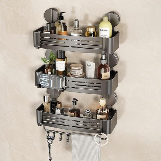 VOLPONE Shower Caddy Suction Cup No Drilling Suction Cup Shower Shelf Heavy Duty Bathroom Shower Organizer Storage Rack Adhesive with Towel Bar Hooks (3-Pack, Matte Gray) - ModernBath