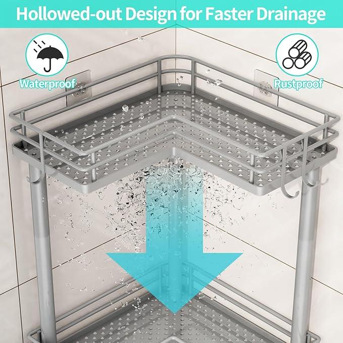HapiRm Corner Shower Caddy Standing - 3 Tier Shower Organizer Corner with Soap Holder, Rustproof Bathroom Standing Organizer with 4 Hooks, Grey - ModernBath