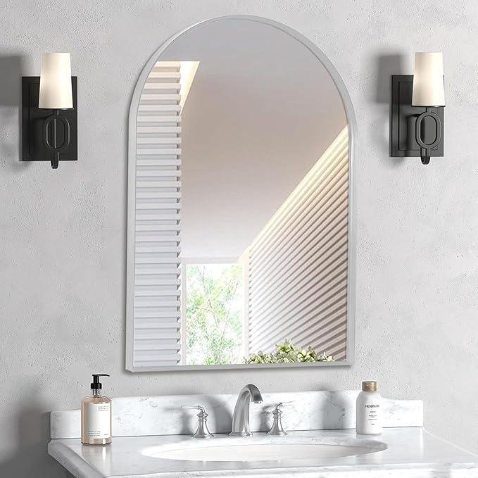 Minuover 24" x 32" Silver Arched Mirror, Arch Wall Mirror, Metal Frame Black Bathroom Mirror, Arched Top Bathroom Vanity Mirror for Living Room, Bedroom, Entryway, Tempered Glass, Shatter Proof - ModernBath