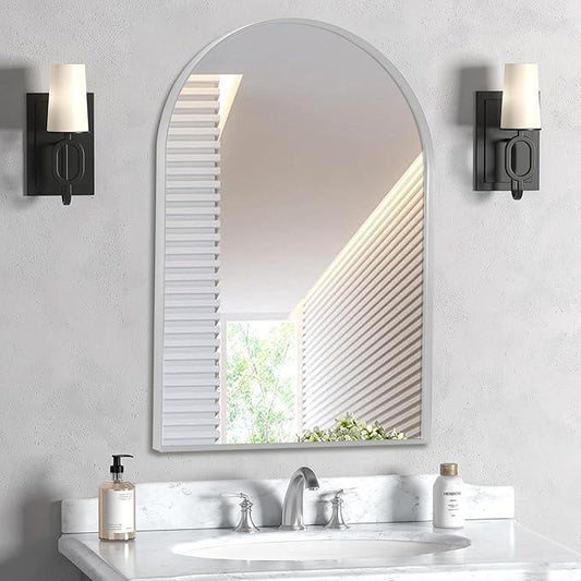 Minuover 24" x 32" Silver Arched Mirror, Arch Wall Mirror, Metal Frame Black Bathroom Mirror, Arched Top Bathroom Vanity Mirror for Living Room, Bedroom, Entryway, Tempered Glass, Shatter Proof - ModernBath