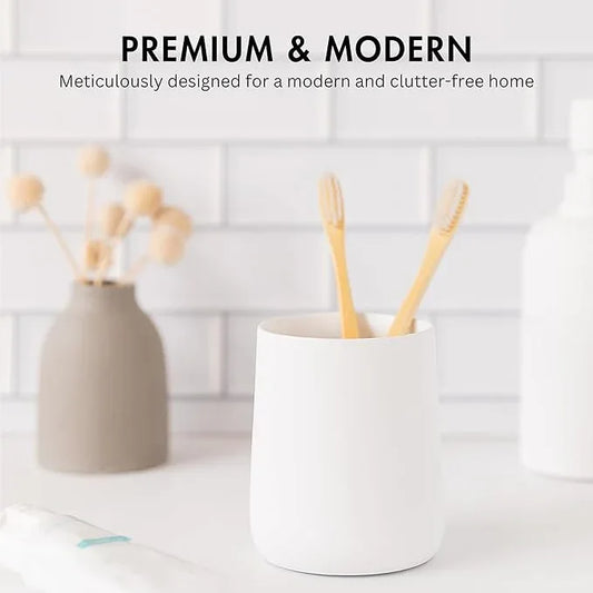 Yew Design Matte White Toothbrush and Toothpaste Holder and Cup for Bathroom Vanity and Countertop, Round Organizer for Electric Toothbrushes, Floss, Razors, Cotton, and Mouthwash - ModernBath