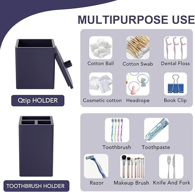 Navy Blue Bathroom Accessories Set Resin 6PCS, Square Toothbrush Holders Set Complete with Soap Dispenser, Vanity Tray, Tumbler, Cups and Cotton Swab Jars for Counter, Sink or Small Spaces - ModernBath