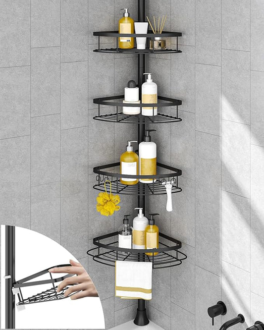 SEIRIONE Corner Shower Caddy Tension Pole, Rustproof Bathroom Shower Organizer Corner, 4-Tier Adjustable Bathroom Shelf, Solid Rack Ideal for Bathtub Storage, 34 to 116 Inch Height, Black