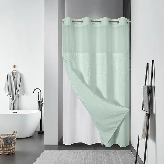 eachope MintGreen No Hook Waffle Weave Shower Curtain with snap-in Liner Replacement, 230GSM Waterproof Fabric Hotel Shower Curtain Set for Bathroom, Through Mesh Top Window,54Wx80H - ModernBath
