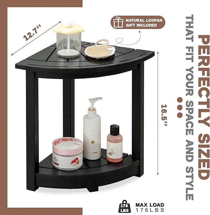 VICTORY RELAX Acacia Wood Corner Shower Stool - Waterproof Triangular Bathroom Bench with Storage Shelf & Soap Dish for Shaving, Black Wood (17.9x12.7x16.5) - ModernBath