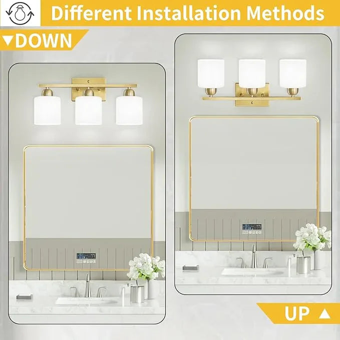 3 Light Gold Bathroom Light Fixtures, Modern Bathroom Vanity Lights with Milky White Frosted Glass Shades, Gold Vanity Mirror with Lights for Mirror Living Room E26 Base - ModernBath