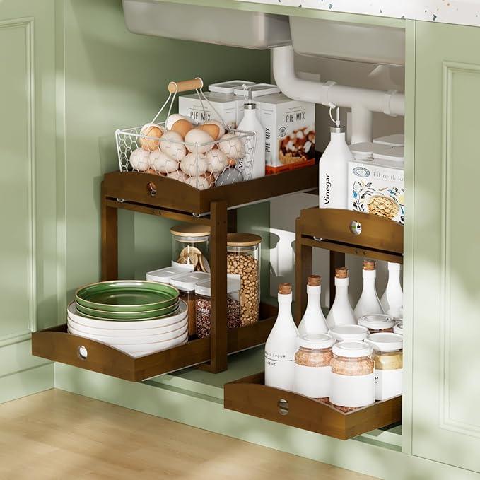 Bamboo Wood Under Sink Organizer 1 Pack, Pull Out Cabinet Organizer 2 Tier Under Sink Organizers and Storage w/Sliding Drawer Sturdy Easy Assembly for Kitchen Bathroom Undersink (Walnut, 2 Packs) - ModernBath
