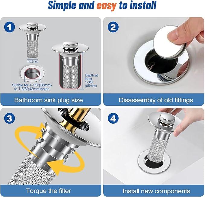 2PC Bathroom Sink Stopper Hair Catcher, Pop Up Sink Drain Filter with Removable Stainless Steel Filter Basket Hair Catcher, for US Bathroom Sink Stopper Replacement. - ModernBath