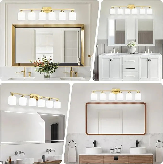 6 Light Gold Bathroom Vanity Light for Large Mirror, Gold Vanity Lights for Bathroom with Milky White Frosted Glass Shades, 38 inch Wall Lamp for Mirrors Living Room E26 Base - ModernBath