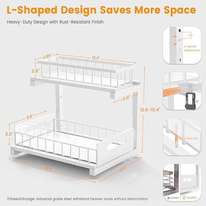 2 Pack Under Sink Organizer, Heavy Duty Metal Slide Out Sink Shelf Organizer Height Adjustable, Multi-Purpose Storage Shelf for Kitchen Bathroom (White,2Pack) - ModernBath
