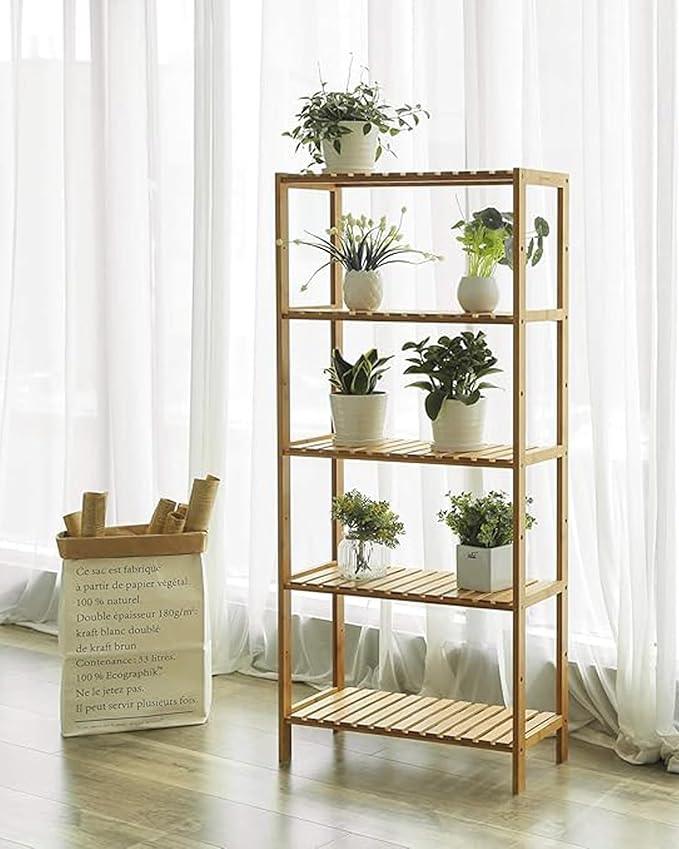 SONGMICS Bamboo Storage Shelf, 5-Tier Shelving Unit, Multifunctional, in The Entryway, Bathroom, Living Room, Balcony, Kitchen, 10.2 x 23.6 x 51.2 Inches, Light Bamboo UBCB35Y - ModernBath