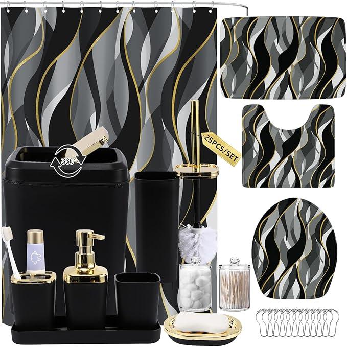 XLHOMO Bathroom Set - Black and Gold Bathroom Accessories, Bathroom Sets with Shower Curtain and Rugs, Black Shower Curtain Set with Bathroom Trash Can, Soap Dispenser, Soap Dish for Home Decor - ModernBath