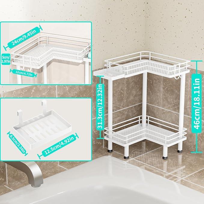 HapiRm Corner Shower Caddy Standing - 2 Tier Shower Organizer Corner with Soap Holder, Rustproof Bathroom Standing Organizer with 2 Hooks, White - ModernBath