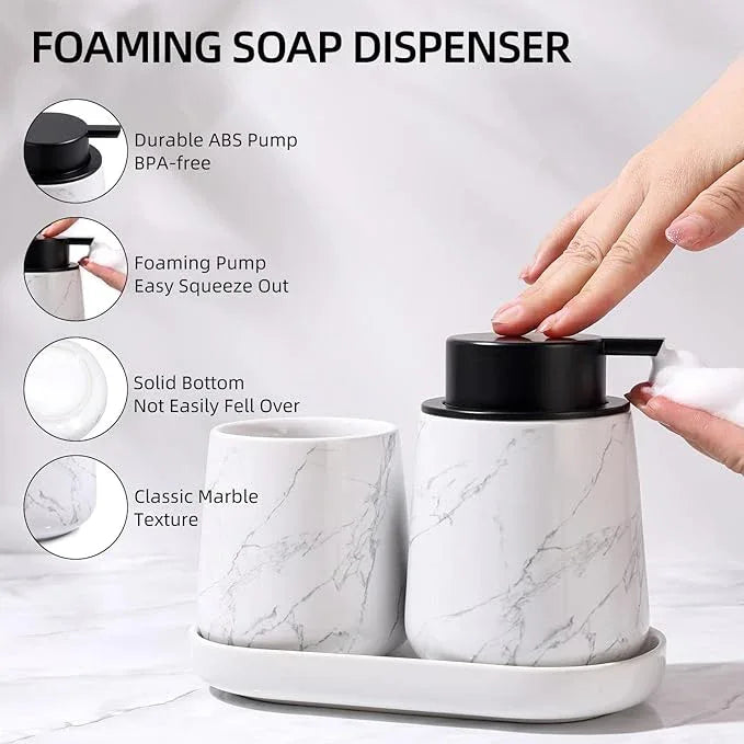 BosilunLife Bathroom Accessories Set 3 pcs - Bathroom Ceramic Foaming Soap Dispenser Set Farmhouse Marble Bathroom Decor, Foam Soap Dispenser and Toothbrush Holder/Tumbler Cup, Tray - ModernBath